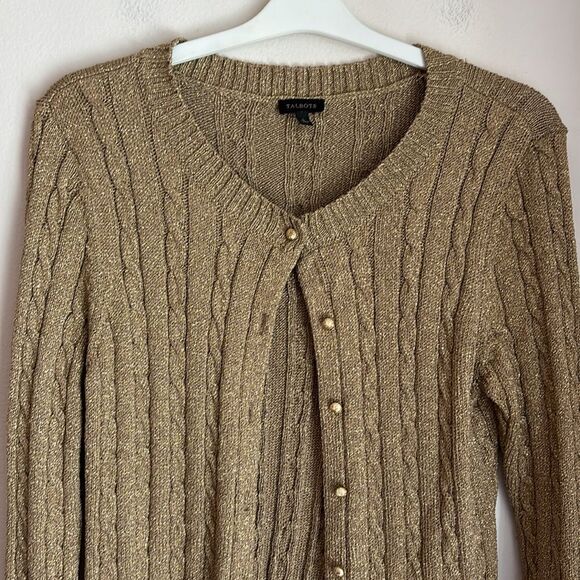 Talbots Gold metallic holiday Cable Knit sparkle Cardigan sweater Women’s large - Picture 2 of 9